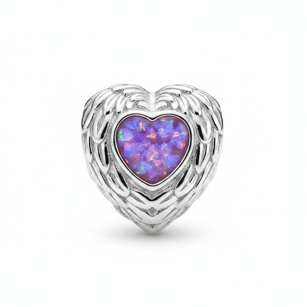 Lavender opal feather heart charm