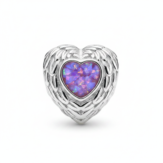 Lavender opal feather heart charm
