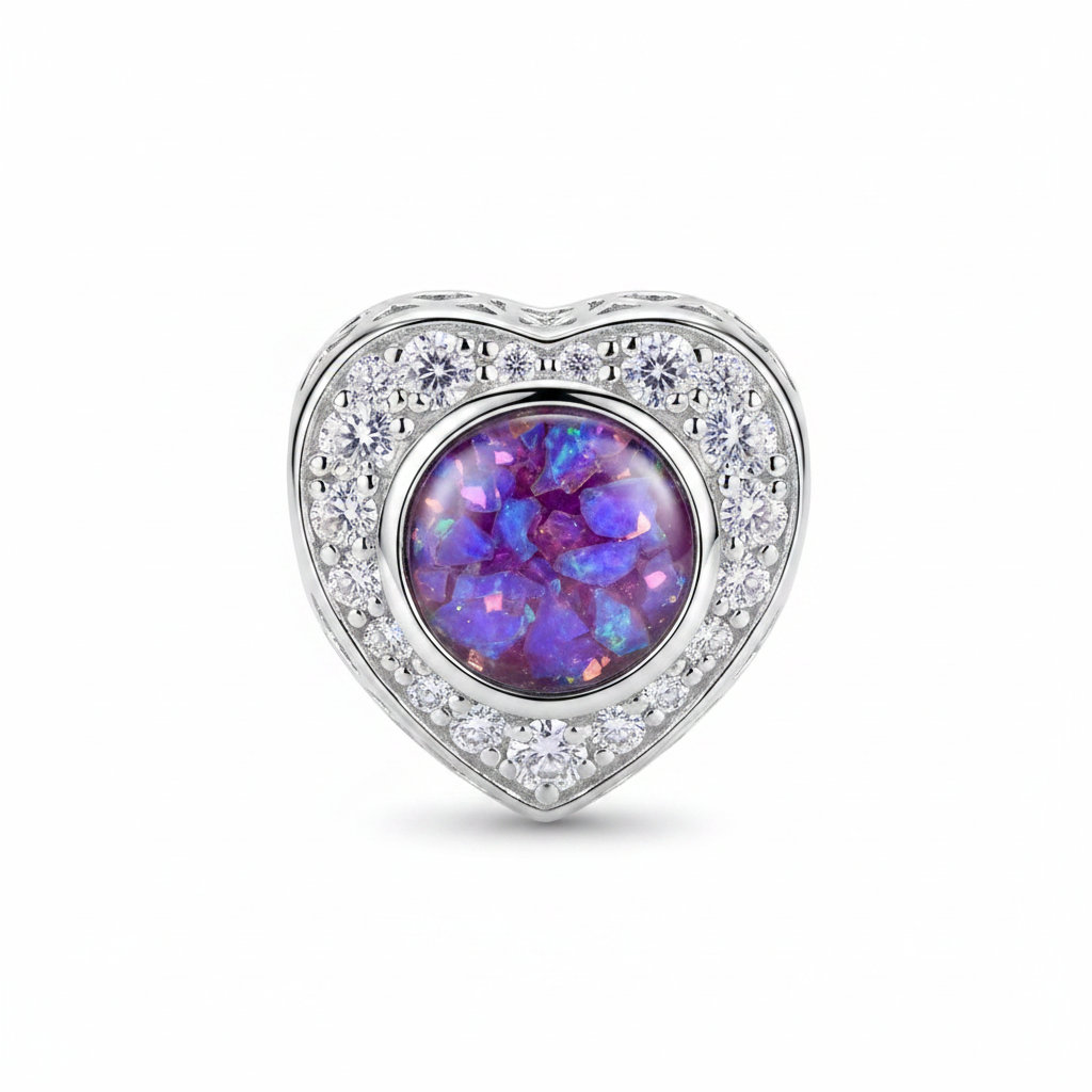 Lavender opal round setting heart charm