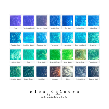 A color chart grid showing 30 different textured paint swatches labeled with names like Viole, Midnight Purple, Sky Blue, Emerald Green, and Black Pearl, with the text 'Mica Colours collection' below on a white background.