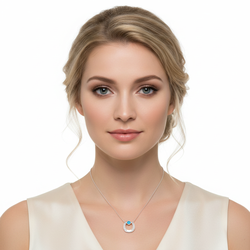 Model wearing horseshoe pendant