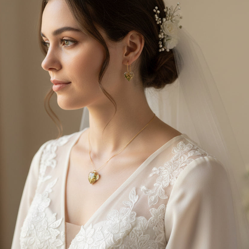 Close up of funeral flower memorial necklace and earrings in eco-friendly resin with sterling silver