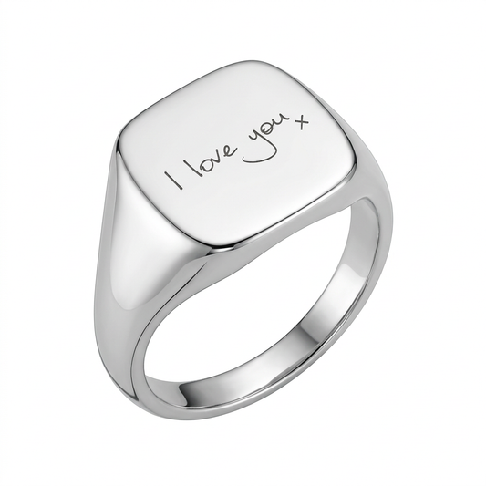 Reworked cushion silver signet ring with handwriting engraving
