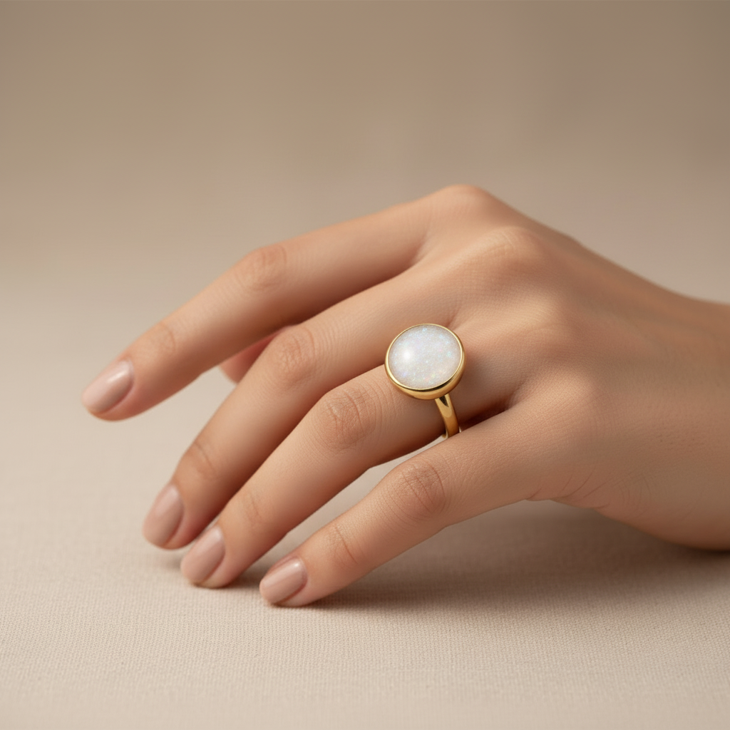Gold ring with a white stone on a light background