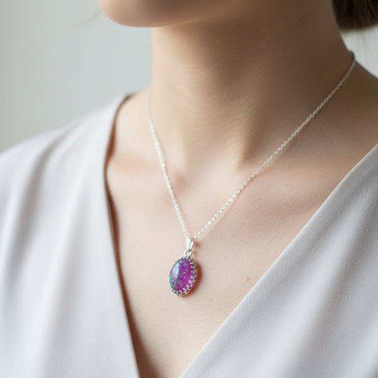 Sterling Silver Memorial Necklace with 10x14mm Ashes Stone – A delicate silver necklace with a custom 10x14mm stone, preserving ashes or shimmering opal flakes.

