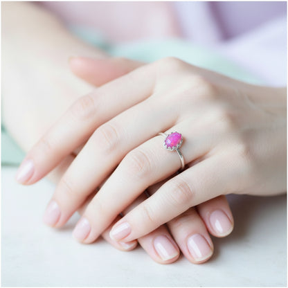 Hand Wearing Sterling Silver Memorial Stacking Ring with 6x8mm Stone – A model's hand showcasing the elegant 6x8mm memorial stone stacking ring in sterling silver, designed for daily wear and remembrance.