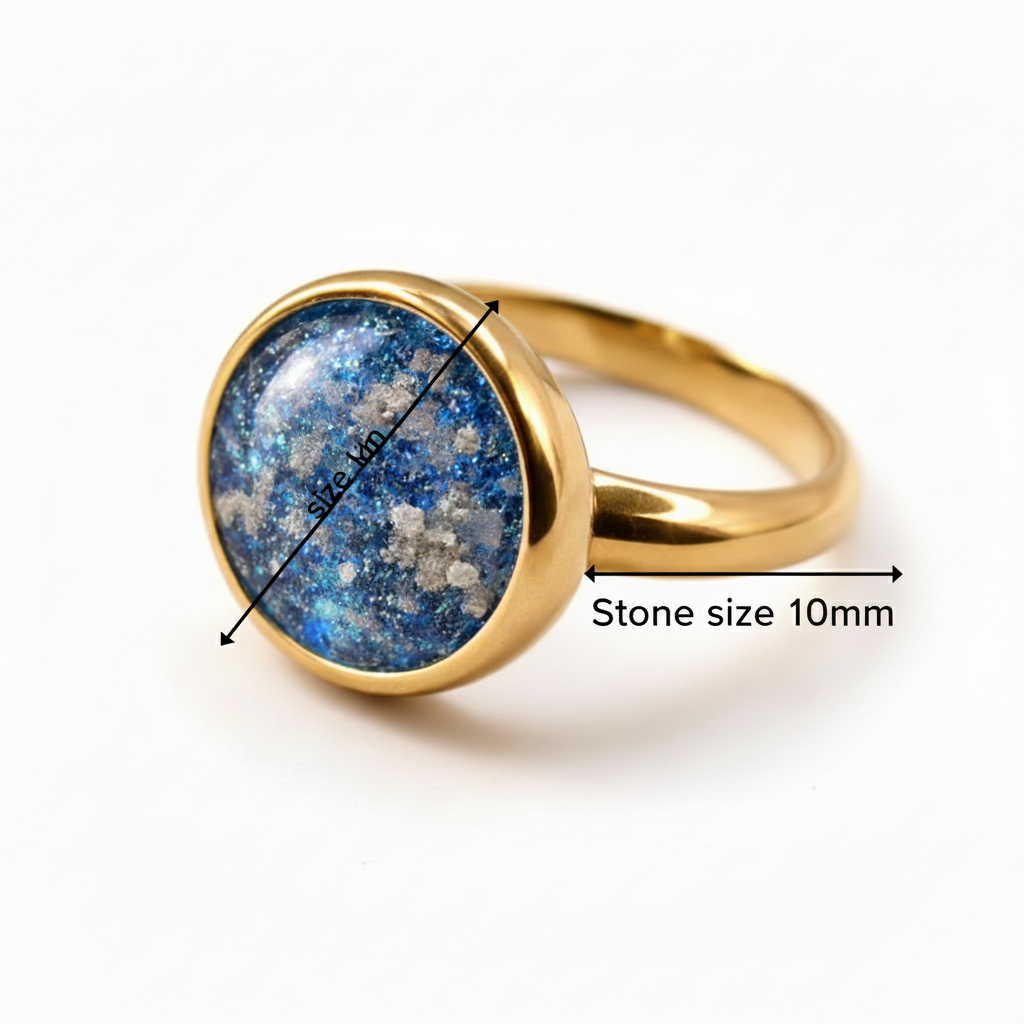 Gold ring with a blue gemstone on a light background