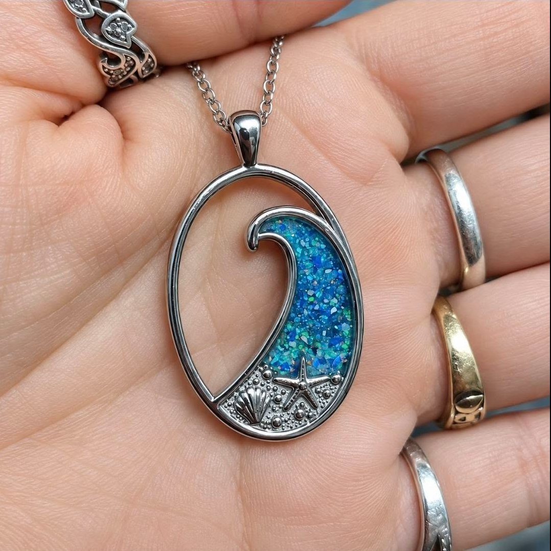 Ocean wave memorial pendant in stainless steel with blue opal resin