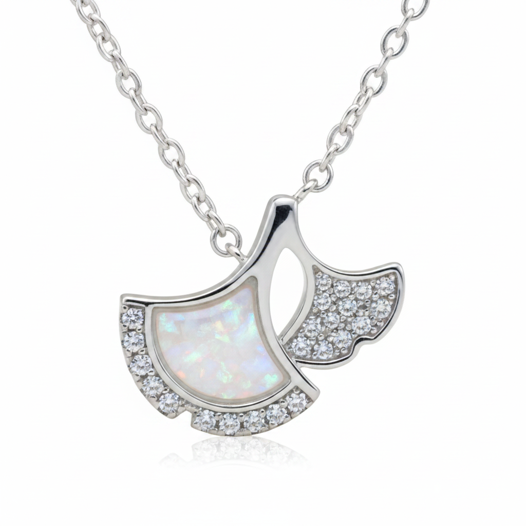 White opal fan pendant with chain