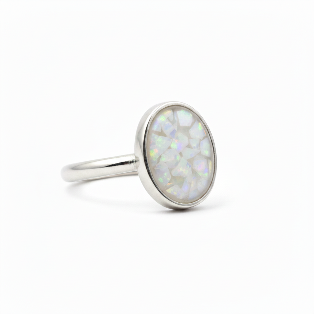 White opal flat resin oval ring