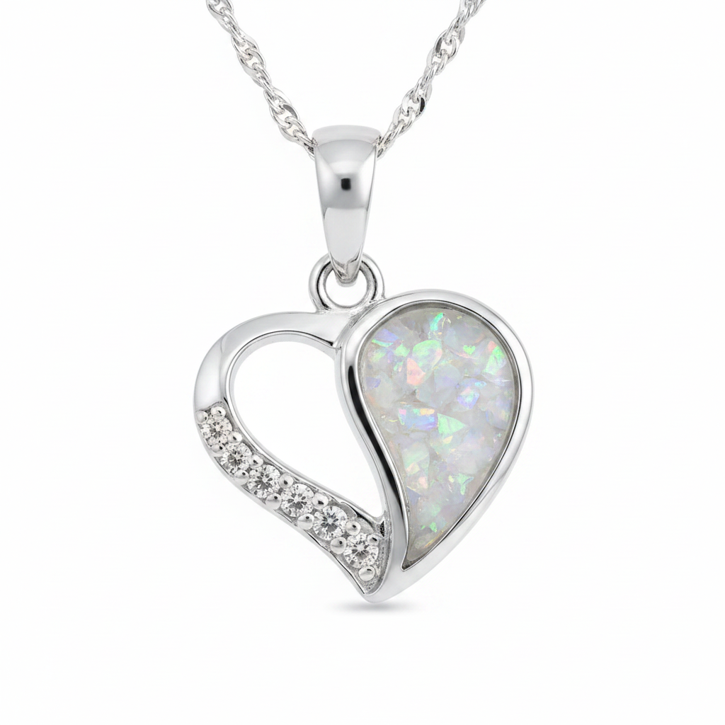 White opal half heart pendant