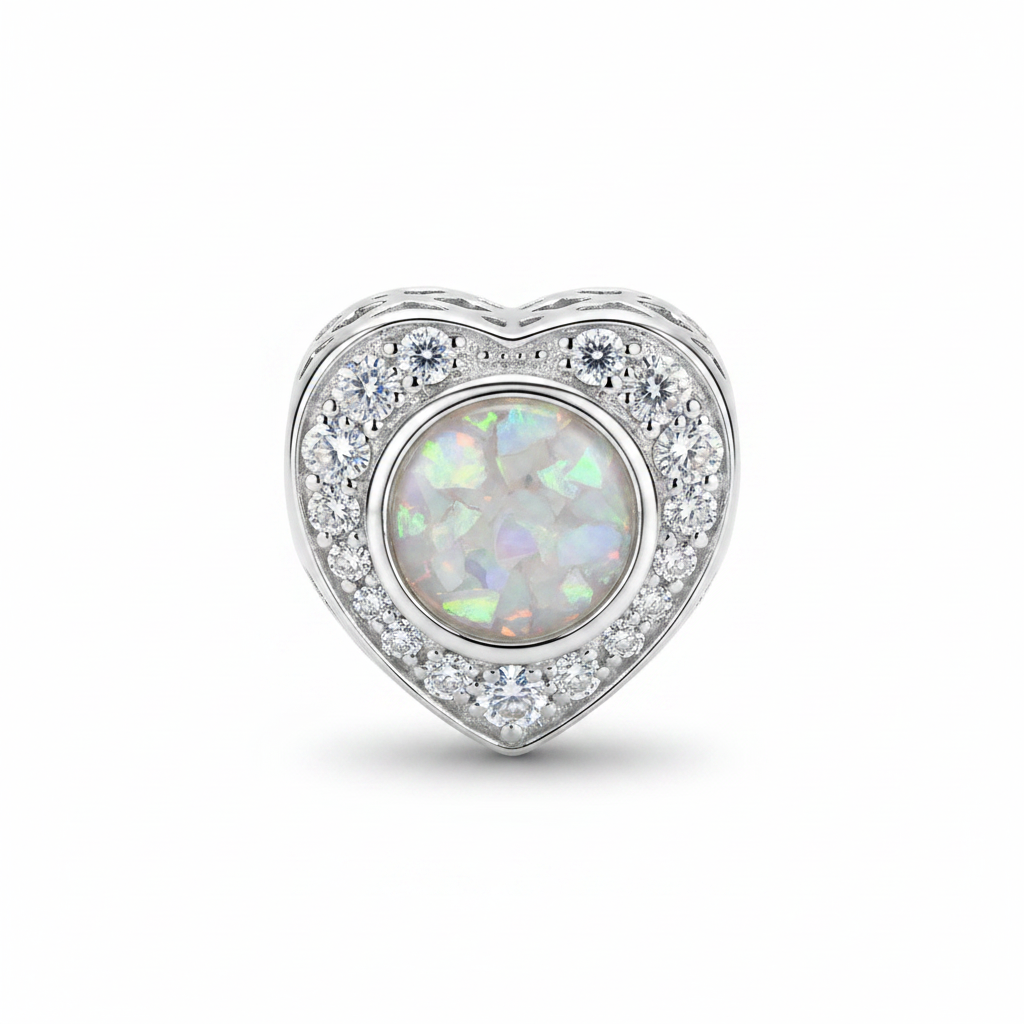 White opal round setting heart charm