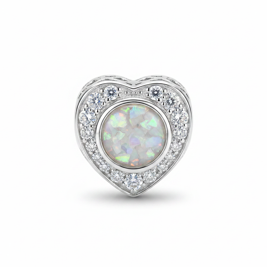 White opal round setting heart charm